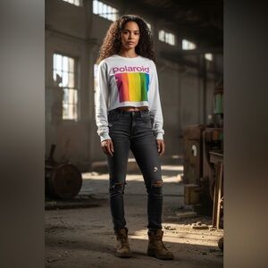 Polaroid Rainbow Colorful Logo Cropped Top T’Shirt Long Sleeves Contemporary Art